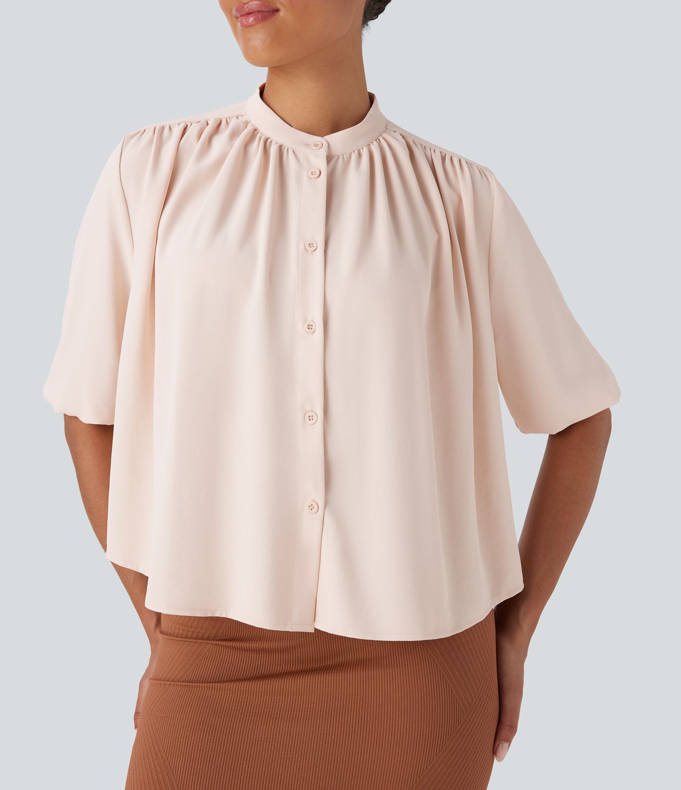 Round Neck Half Sleeve Curved Hem Linen-Feel Blouse