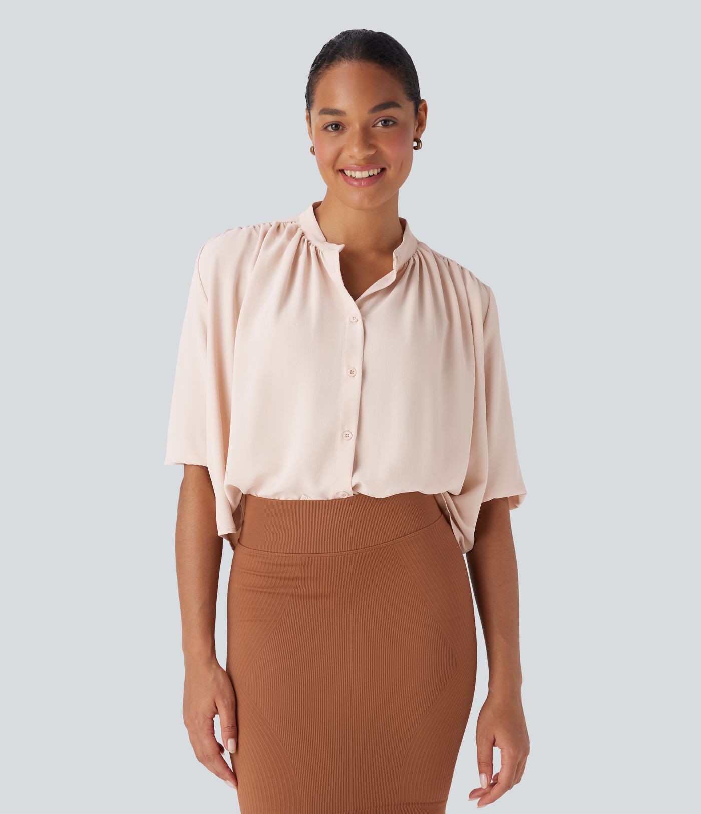 Round Neck Half Sleeve Curved Hem Linen-Feel Blouse