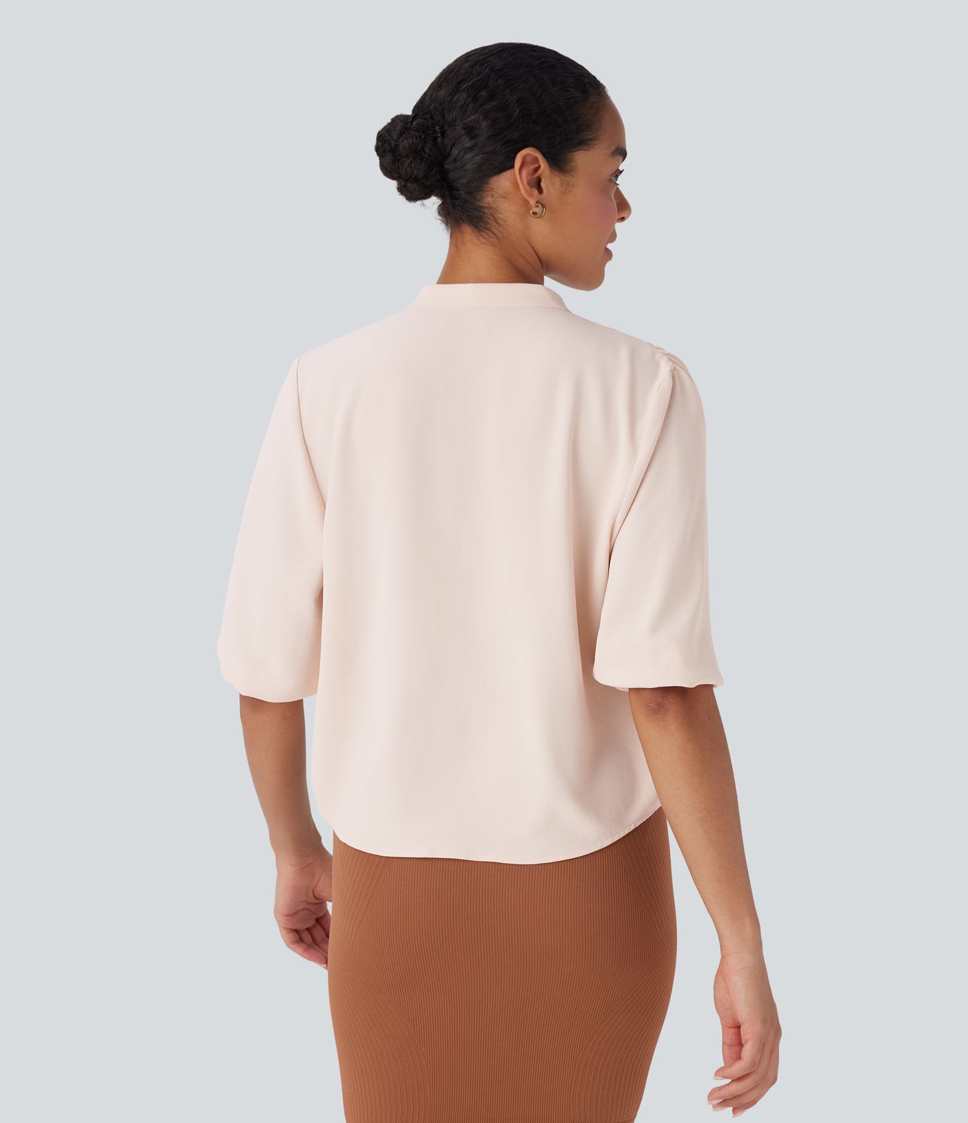 Round Neck Half Sleeve Curved Hem Linen-Feel Blouse