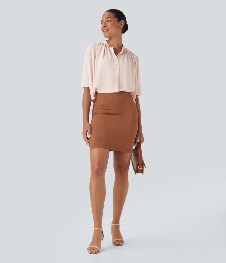 Round Neck Half Sleeve Curved Hem Linen-Feel Blouse