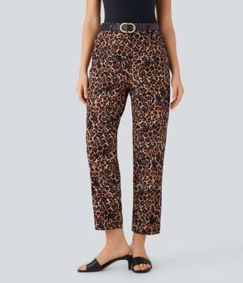 Háar, léopardamynstraðar, lauslegar buxur með vösum