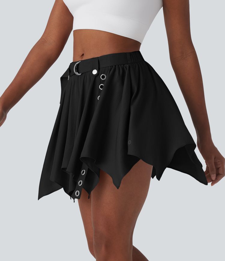 Mid Rise Belted Hanky Hem 2-in-1 Mini Casual Skirt with Pockets