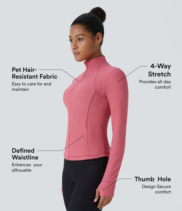 Patitoff® Flow Pet Hair Resistant Stand Collar Zipper Side Pocket Thumb Hole Cropped Casual Jacket