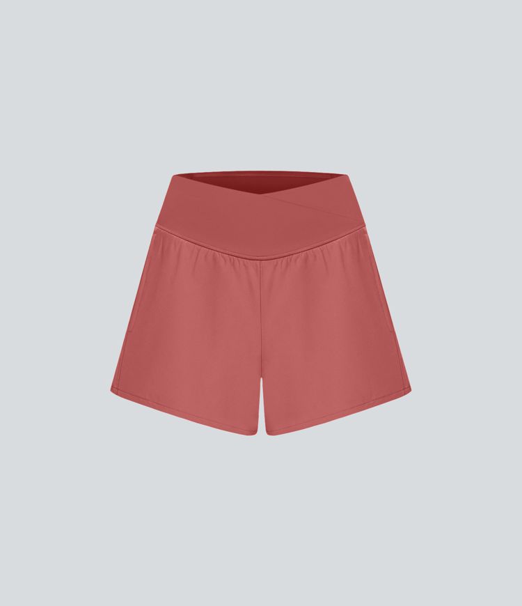 Breezeful™ 2-in-1 Crossover-Yoga-Shorts mit hohem Bund und Seitentaschen - schnelltrocknend, 10,2 cm