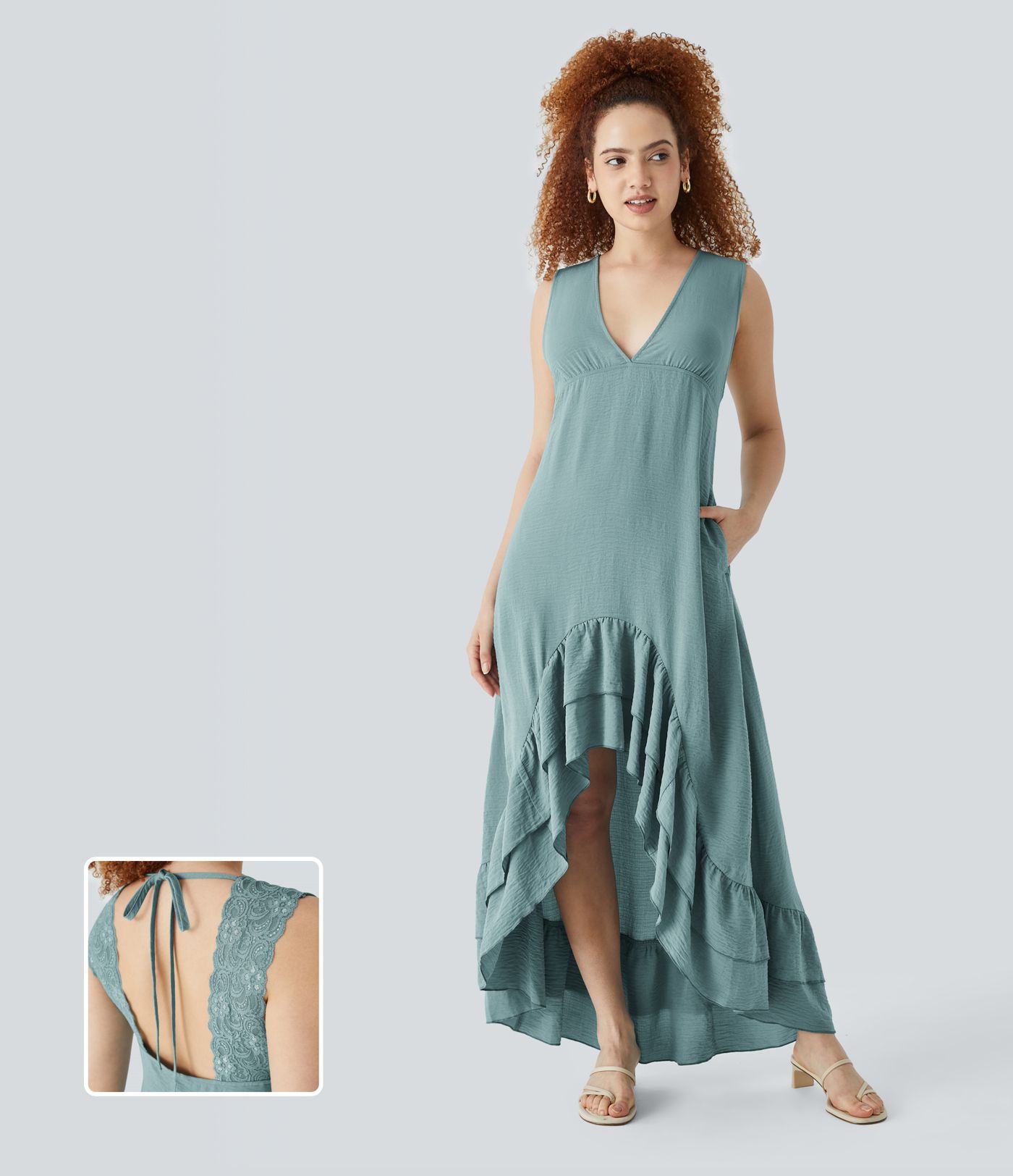 V-neckline tie-back backless contrast lace with side pockets high-low tiered frill hem maxi resort linen style dress