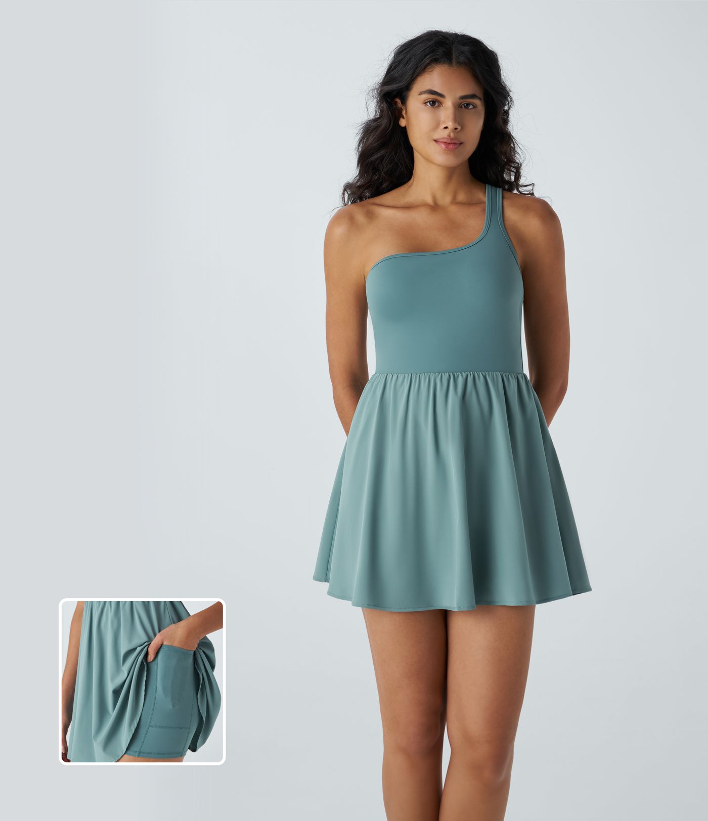 Breezeful™ Rückenfreies, asymmetrisches 2-in-1 Mini-Tanz-Trägerkleid mit Seitentaschen - schnelltrocknend