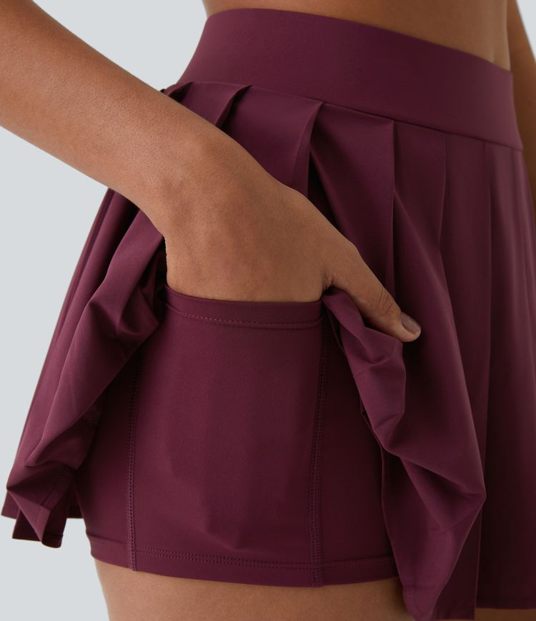Breezeful™ High Waisted Pleated 2-in-1 Side & Back Pocket Asymmetric Hem Quick Dry Mini Dance Skort
