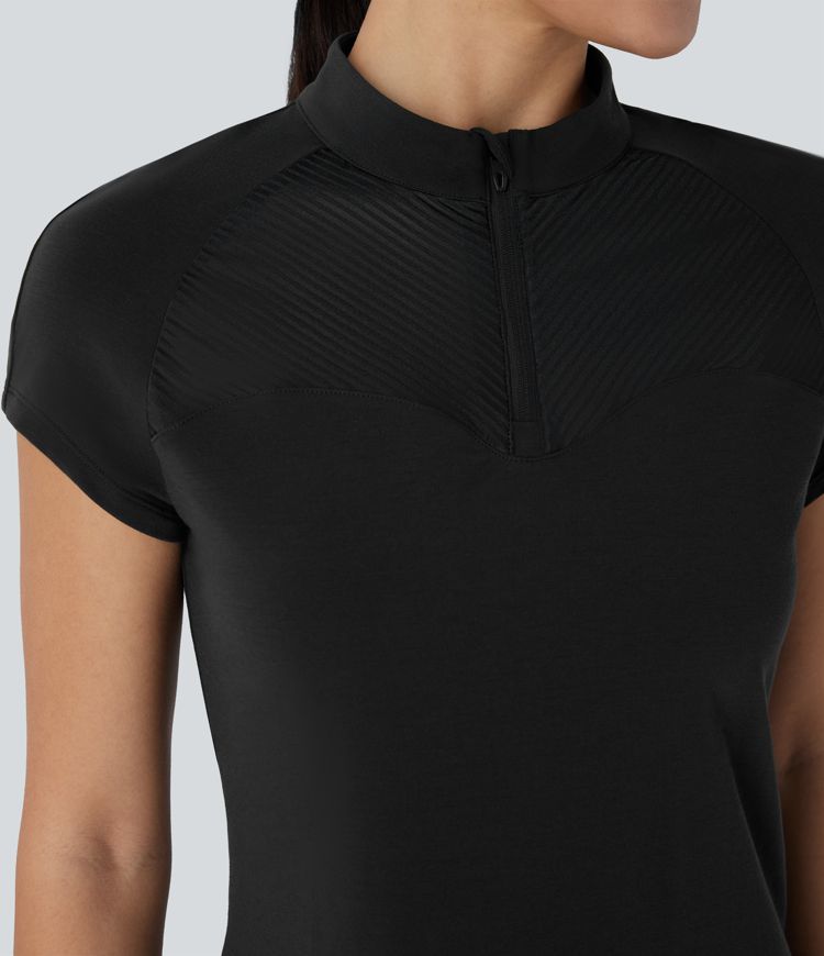 Stand Collar Zipper Contrast Mesh Quick Dry Golf Sports Top