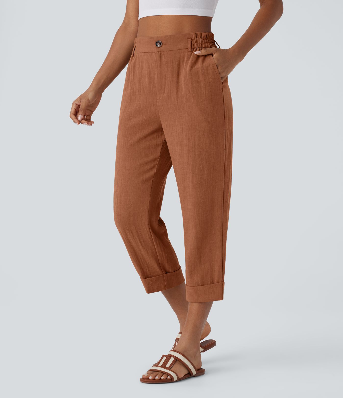 High Waisted Side Pocket Capri Women Linen-Feel Pants