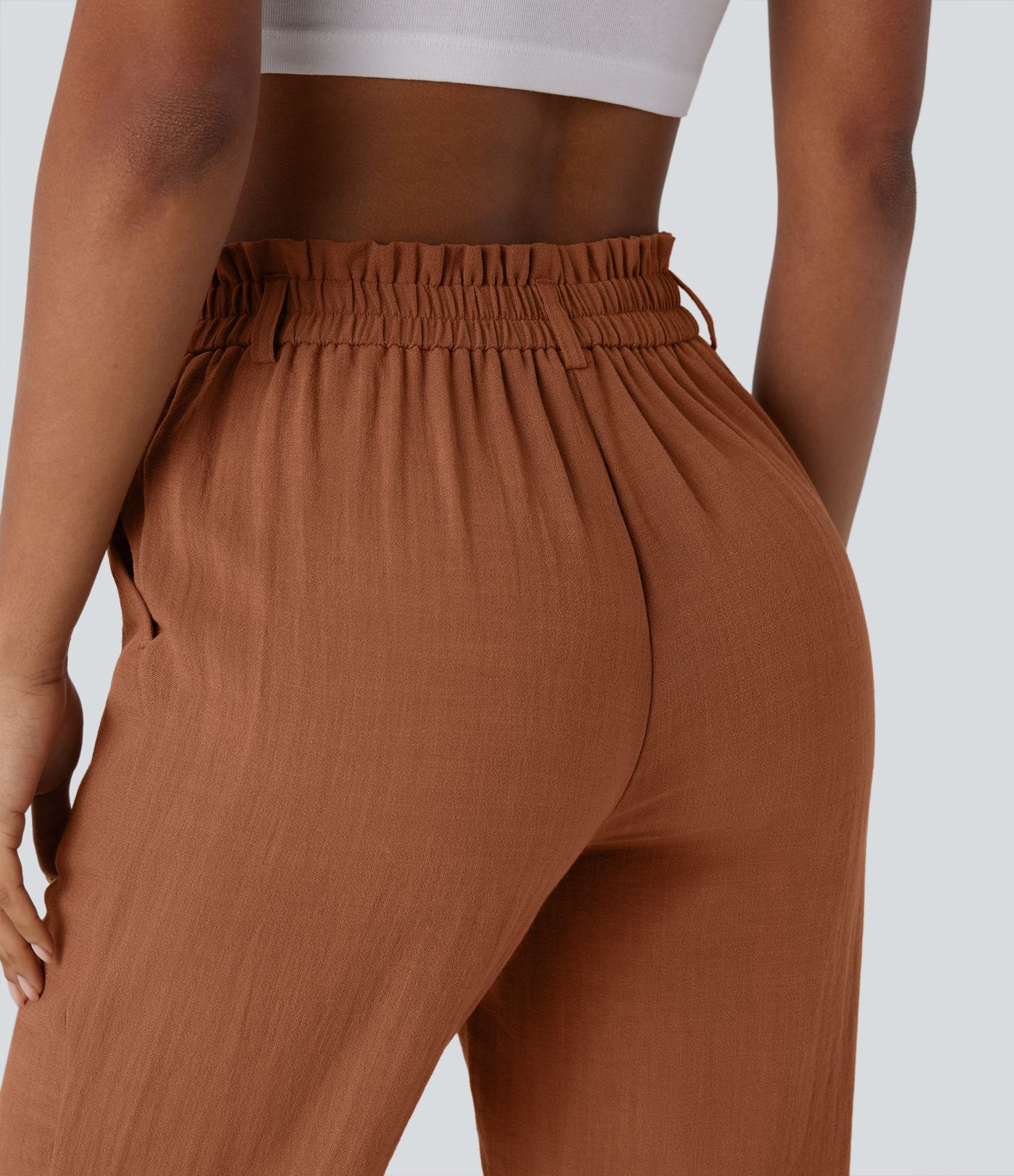 High Waisted Side Pocket Capri Women Linen-Feel Pants