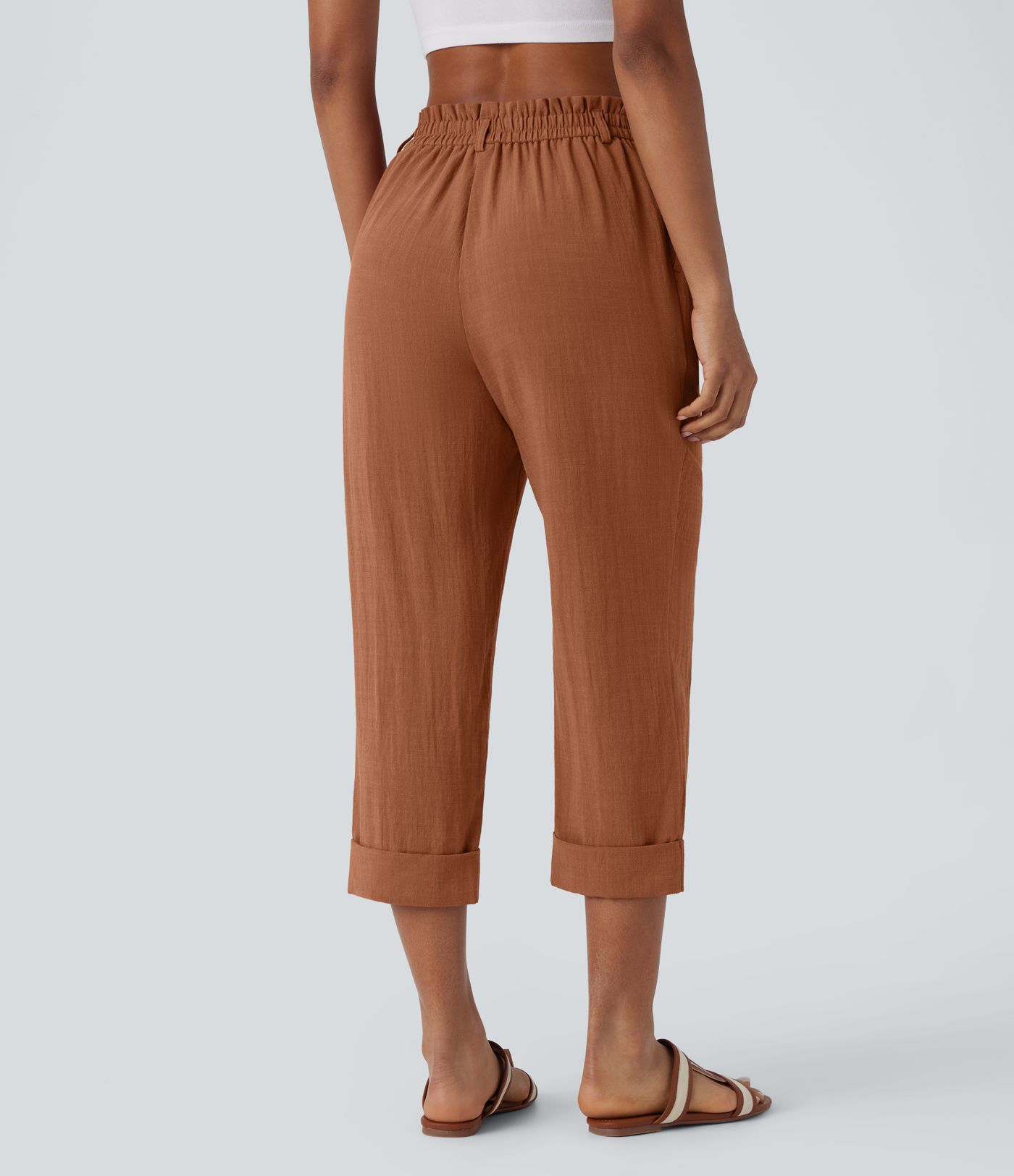 High Waisted Side Pocket Capri Women Linen-Feel Pants