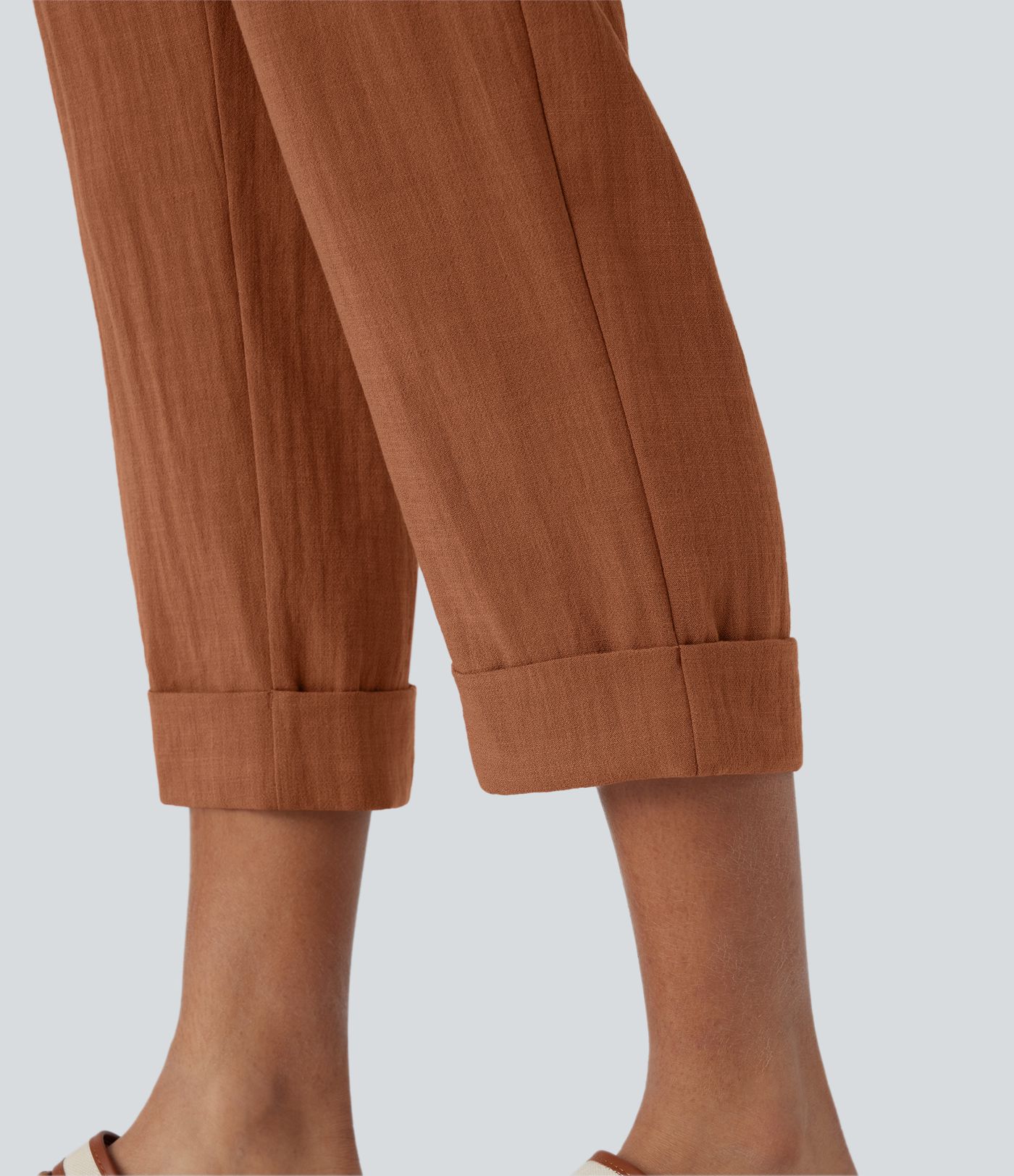High Waisted Side Pocket Capri Women Linen-Feel Pants
