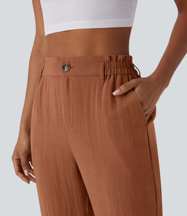 High Waisted Button Zipper Side Pocket Capri Resort Linen-Feel Pants