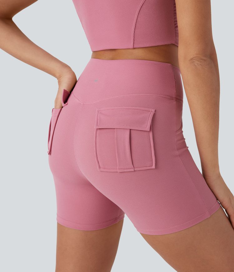 Short cycliste de yoga taille haute croisé en tissu gaufré 5 cm avec poches arrière