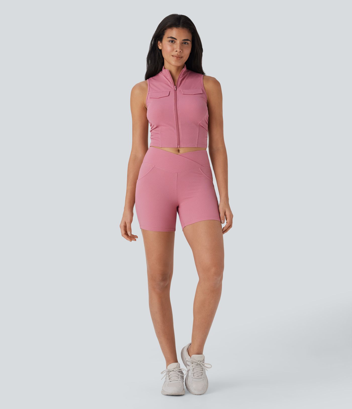 Yoga-Bikershorts mit hoher Taille und Crossover-Waffelmuster mit Gesäßtaschen, 5,1 cm