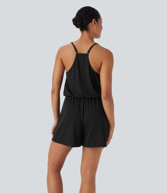Adjustable Strap Wide Leg Resort Jumpsuit with Pockets
