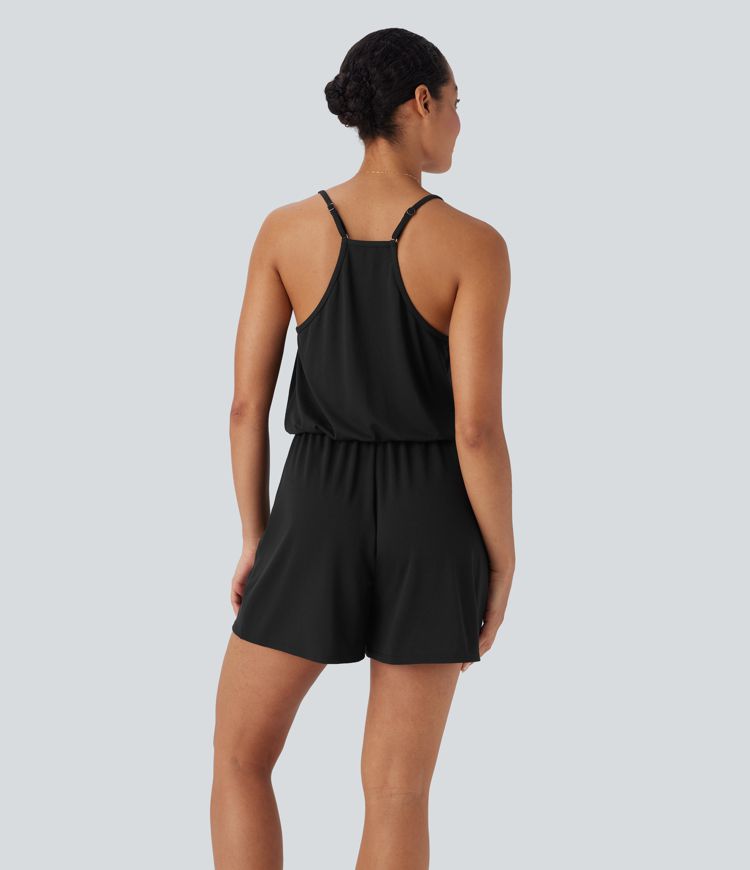 Adjustable Strap Wide Leg Resort Jumpsuit with Pockets