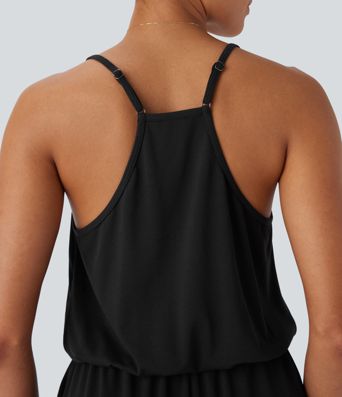 Adjustable Strap Wide Leg Resort Jumpsuit with Pockets