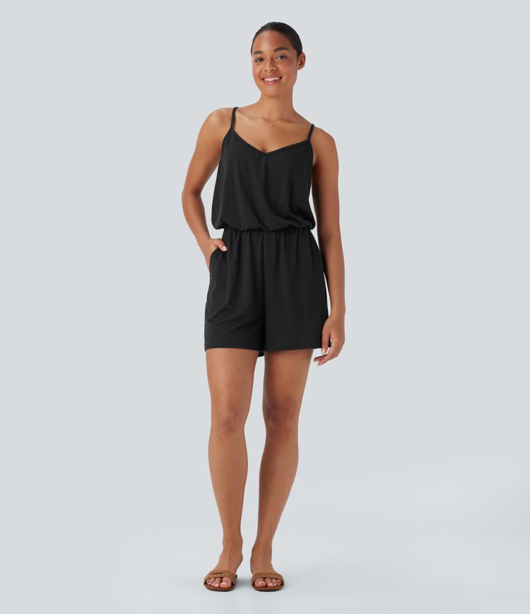 Adjustable Strap Wide Leg Resort Jumpsuit with Pockets