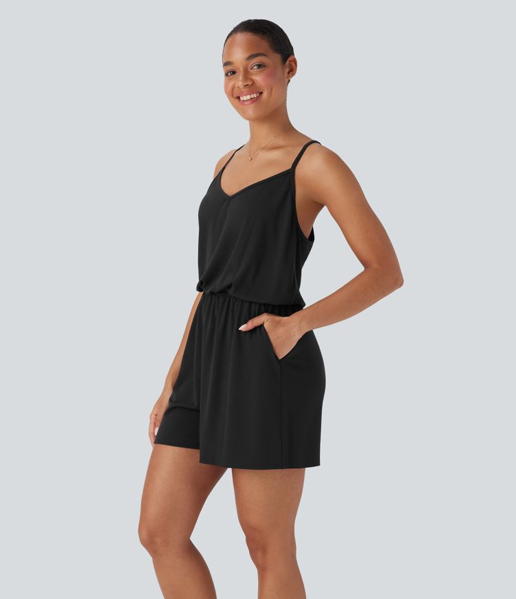 Adjustable Strap Wide Leg Resort Jumpsuit with Pockets