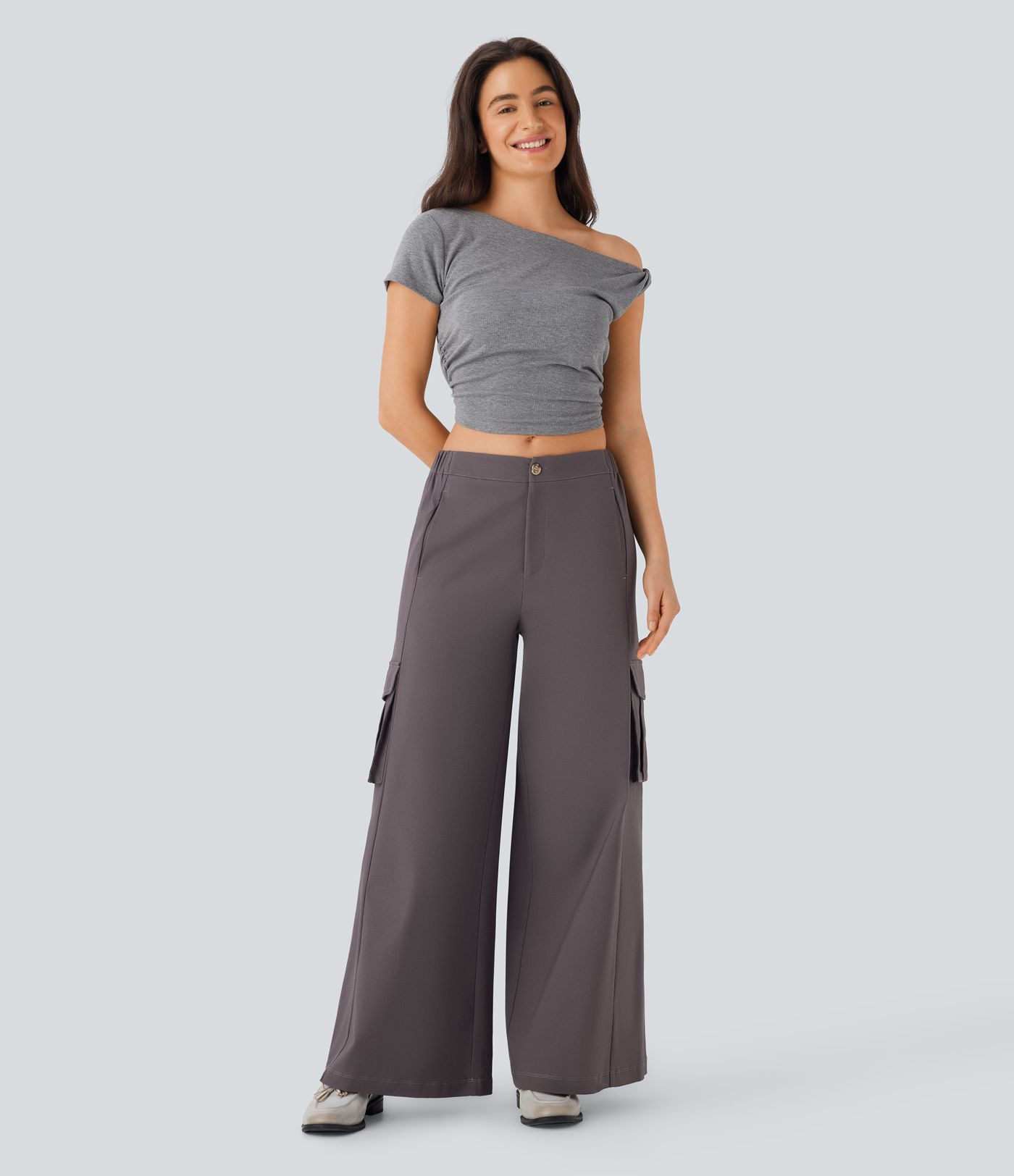 Low Rise Wide Leg Casual Cargo Trousers with Multiple Pockets