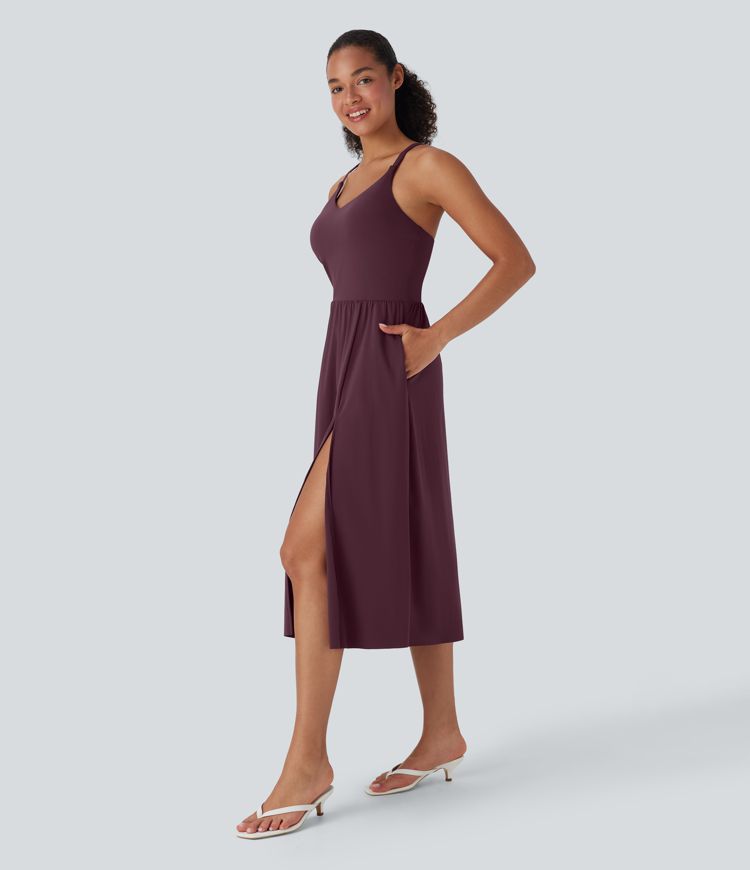 Softlyzero™ Airy Racerback Split Cool Touch Casual Slip Dress with Pockets-D/DD/DDD/F Cups