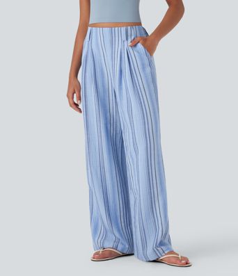 High Waisted Stripe Wide Leg Casual Linen-Feel Trousers with Pockets High Waisted Stripe Wide Leg Casual Linen-Feel Trousers with Pockets
