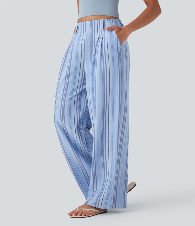 High Waisted Stripe Wide Leg Casual Linen-Feel Trousers with Pockets High Waisted Stripe Wide Leg Casual Linen-Feel Trousers with Pockets