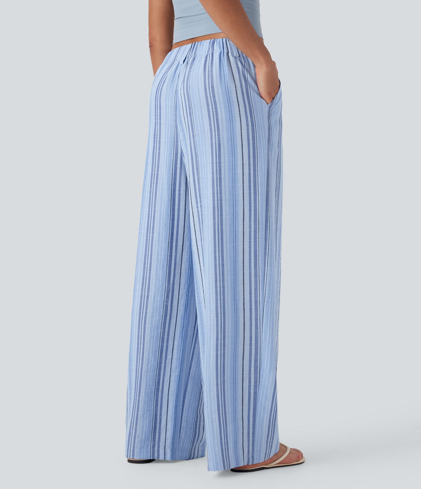 High Waisted Stripe Wide Leg Casual Linen-Feel Trousers with Pockets High Waisted Stripe Wide Leg Casual Linen-Feel Trousers with Pockets