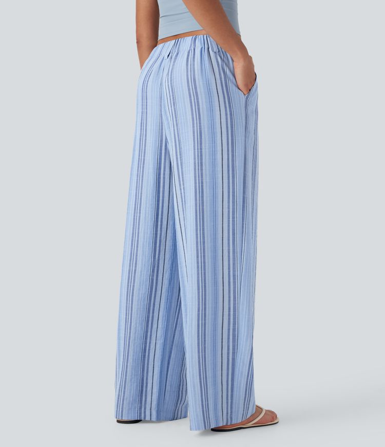 High Waisted Stripe Wide Leg Casual Linen-Feel Trousers with Pockets High Waisted Stripe Wide Leg Casual Linen-Feel Trousers with Pockets