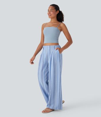 High Waisted Stripe Wide Leg Casual Linen-Feel Trousers with Pockets High Waisted Stripe Wide Leg Casual Linen-Feel Trousers with Pockets
