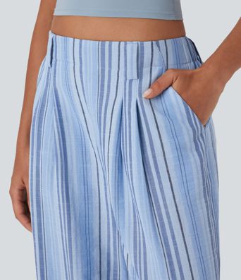 High Waisted Stripe Wide Leg Casual Linen-Feel Trousers with Pockets High Waisted Stripe Wide Leg Casual Linen-Feel Trousers with Pockets