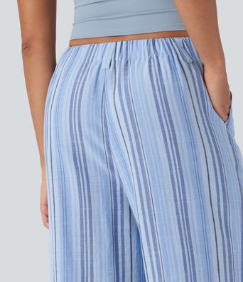 High Waisted Stripe Wide Leg Casual Linen-Feel Trousers with Pockets High Waisted Stripe Wide Leg Casual Linen-Feel Trousers with Pockets
