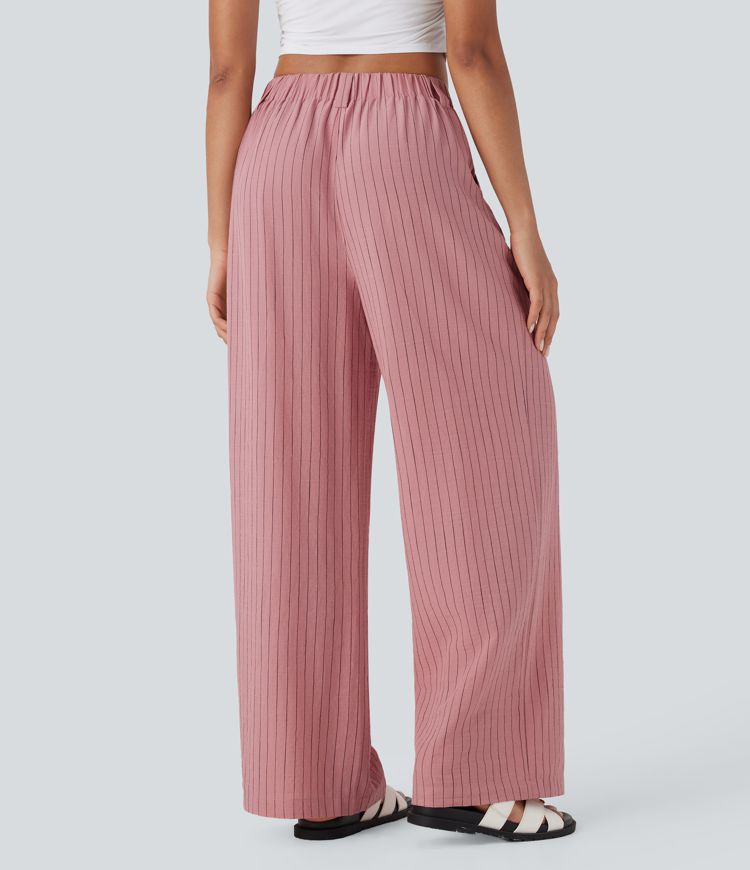 Pantalones anchos casuales de lino a rayas con tiro alto y bolsillos