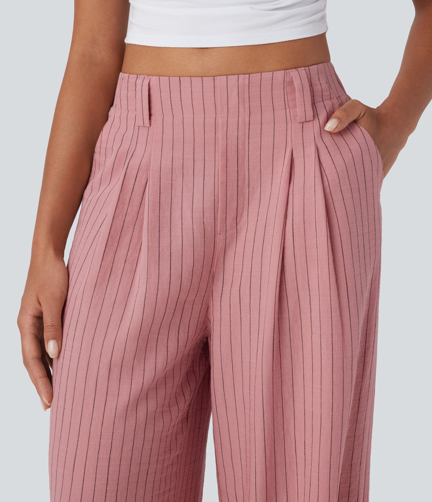 Pantalones anchos casuales de lino a rayas con tiro alto y bolsillos