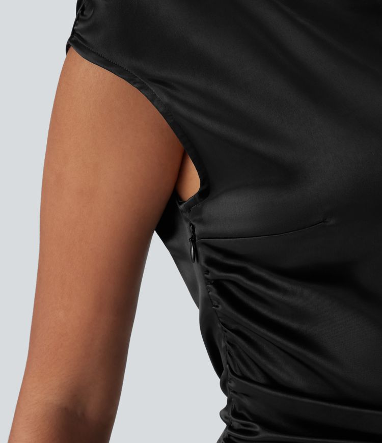 Vestido de manga corta para fiestas de satén fruncido con abertura y cremallera invisible con cuello barco