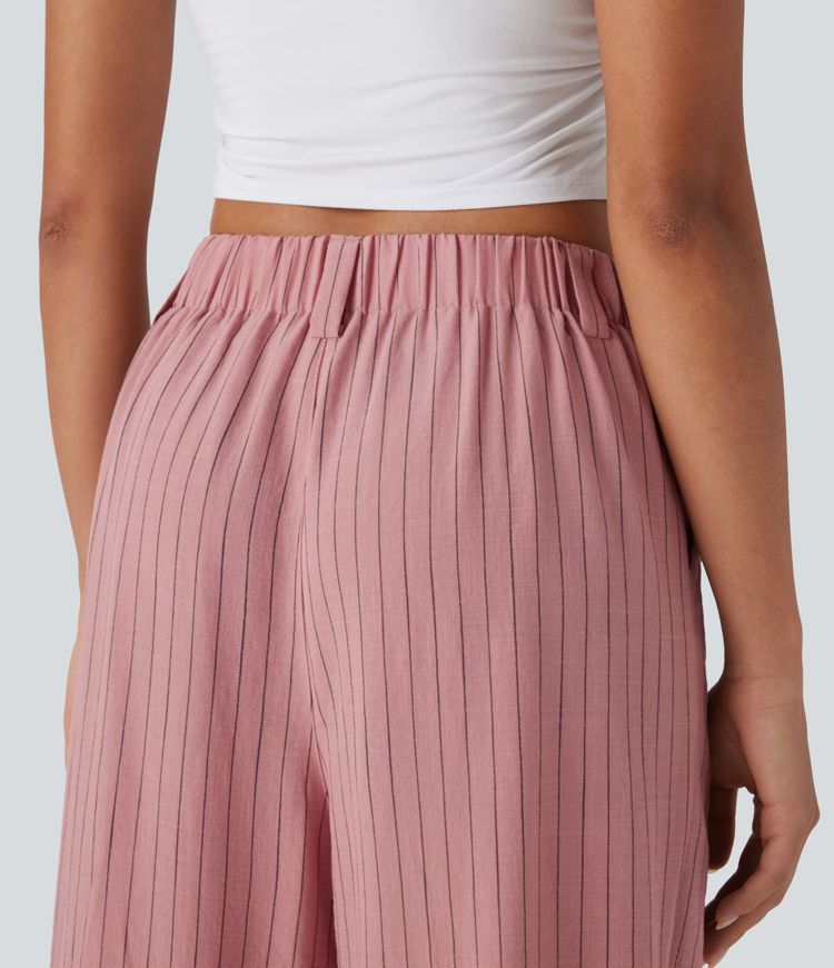 Pantalones anchos casuales de lino a rayas con tiro alto y bolsillos