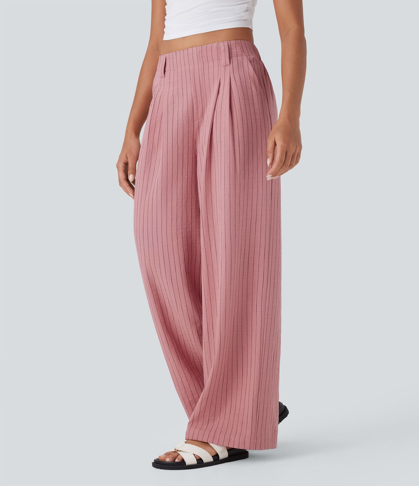 Pantalones anchos casuales de lino a rayas con tiro alto y bolsillos