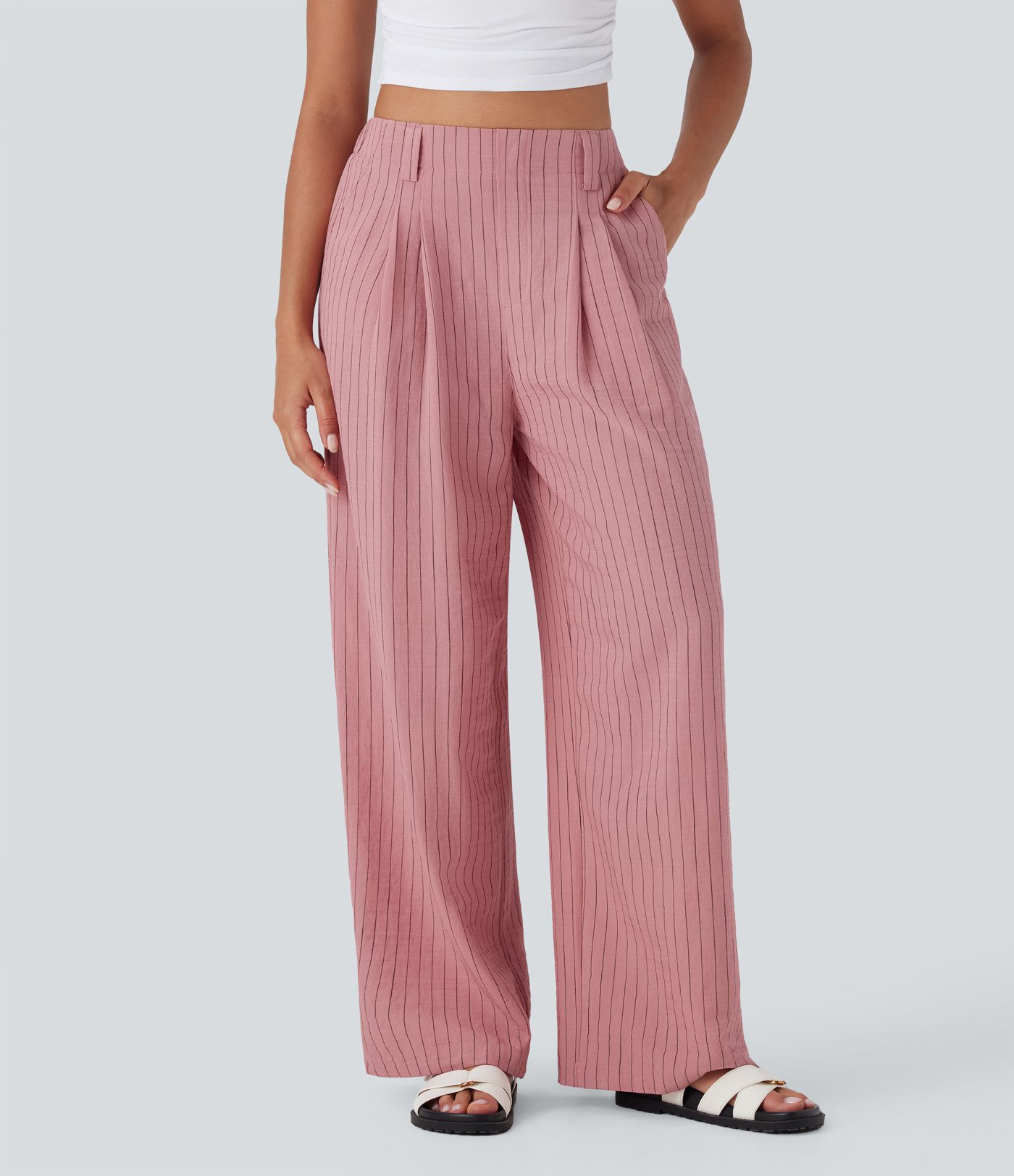 Pantalones anchos casuales de lino a rayas con tiro alto y bolsillos