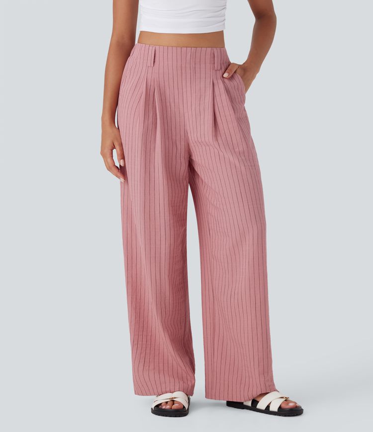 Pantalones anchos casuales de lino a rayas con tiro alto y bolsillos