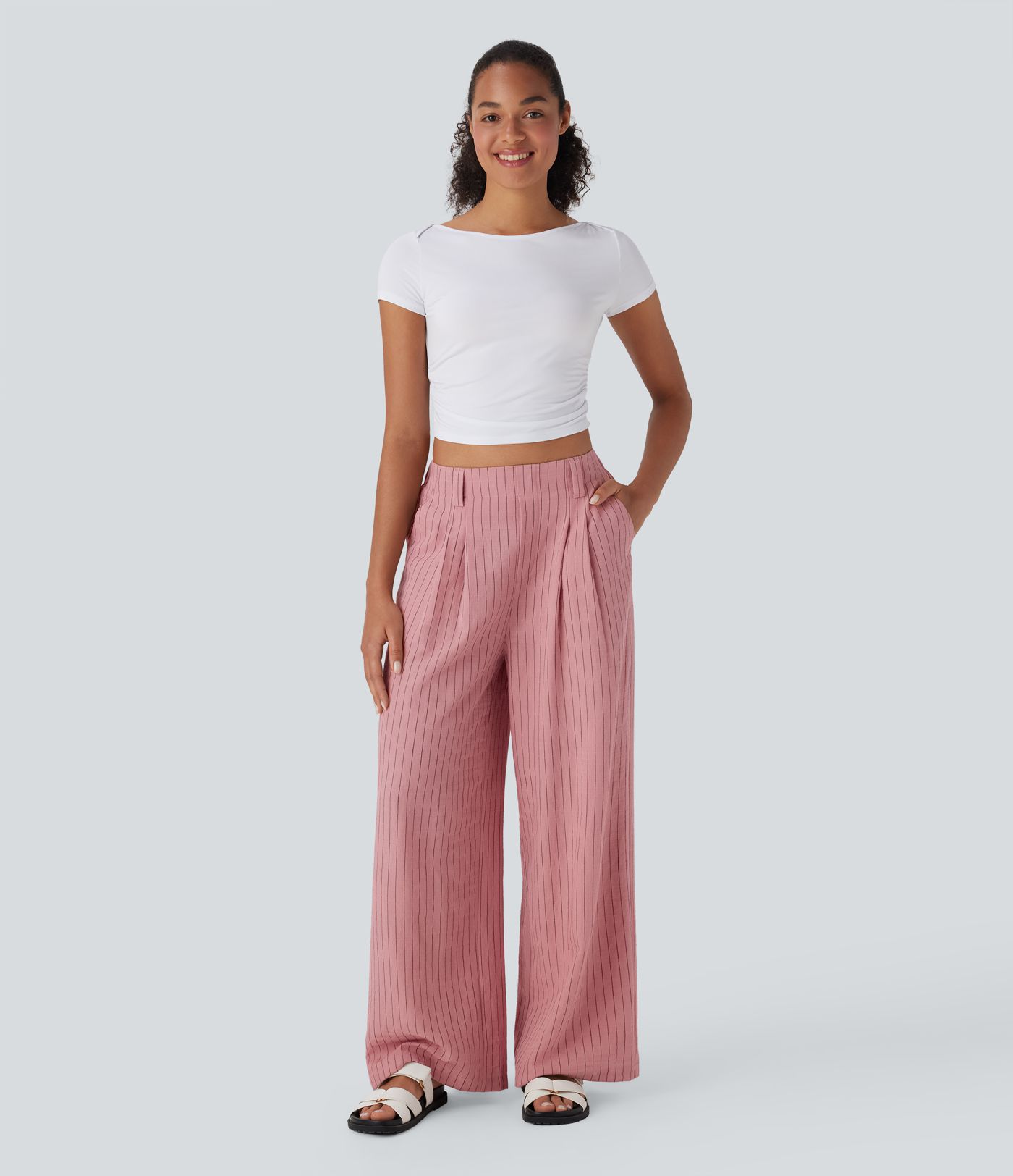 Pantalones anchos casuales de lino a rayas con tiro alto y bolsillos