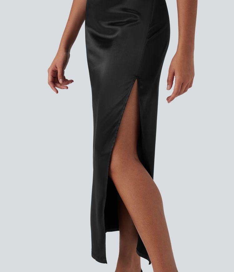 Vestido de manga corta para fiestas de satén fruncido con abertura y cremallera invisible con cuello barco