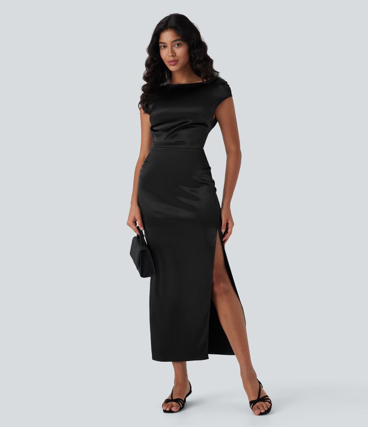 Vestido de manga corta para fiestas de satén fruncido con abertura y cremallera invisible con cuello barco