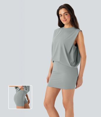 Robe Moulante Mini Décontractée à Col Rond sans Manches, 2 Pièces Superposées, Toucher Frais - Protection UV UPF50+