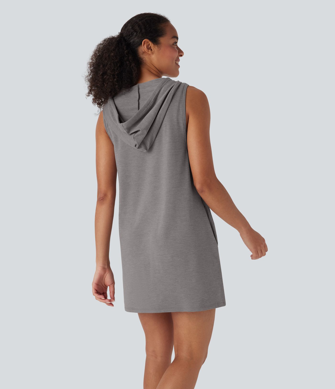 Hooded Drawstring Sleeveless Straight Mini Casual Dress with Pockets