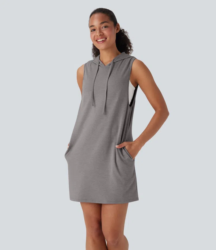 Hooded Drawstring Sleeveless Straight Mini Casual Dress with Pockets