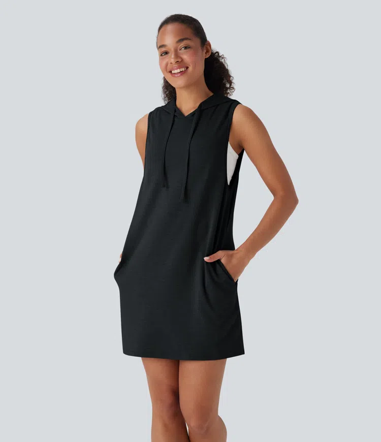 Hooded Drawstring Sleeveless Straight Mini Casual Dress with Pockets