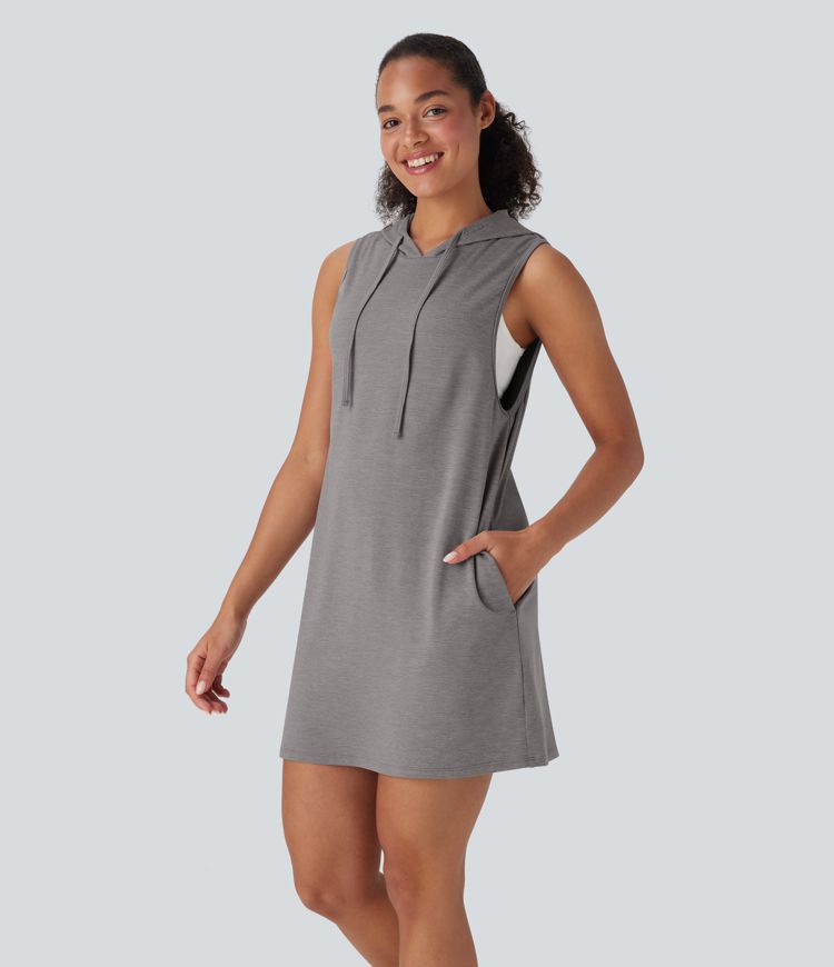 Hooded Drawstring Sleeveless Straight Mini Casual Dress with Pockets