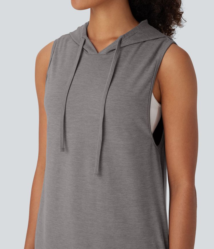 Hooded Drawstring Sleeveless Straight Mini Casual Dress with Pockets