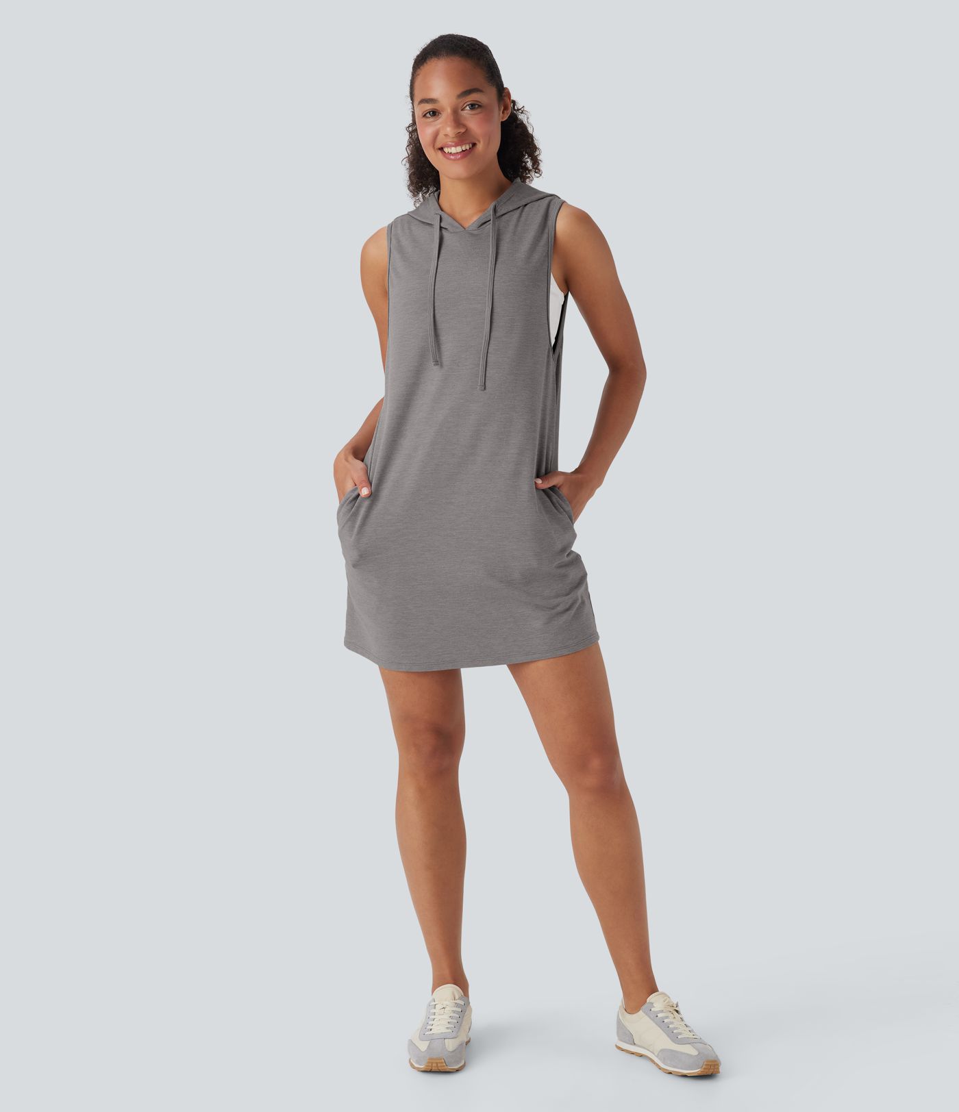 Hooded Drawstring Sleeveless Straight Mini Casual Dress with Pockets